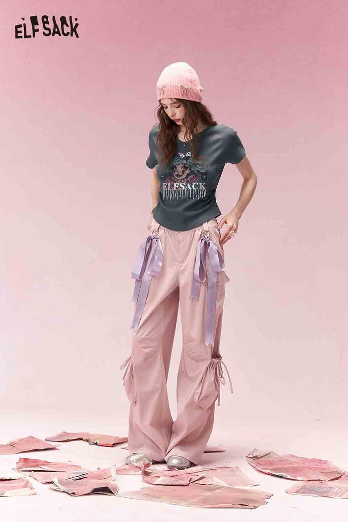 ELFSACK Trendy Clown Girl Print Shirred Fitted Short Sleeve Tshirt