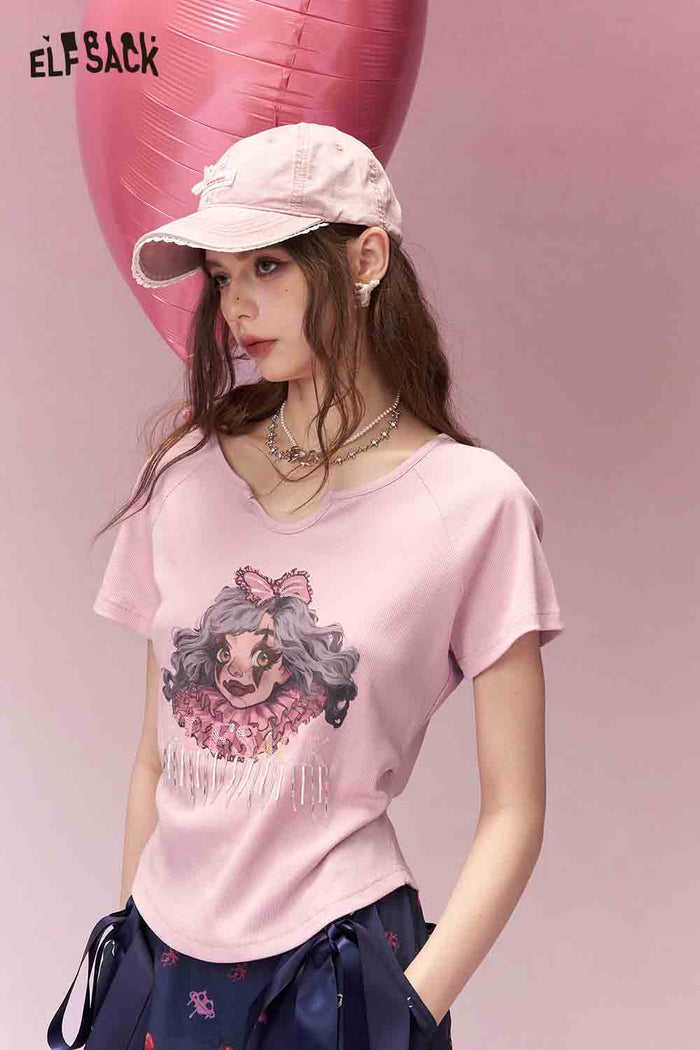 ELFSACK Trendy Clown Girl Print Shirred Fitted Short Sleeve Tshirt