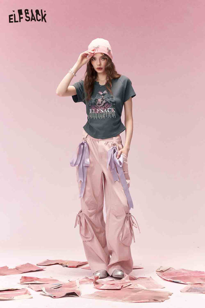 ELFSACK Trendy Clown Girl Print Shirred Fitted Short Sleeve Tshirt