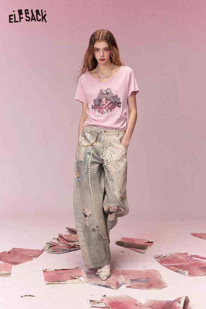ELFSACK Trendy Clown Girl Print Shirred Fitted Short Sleeve Tshirt