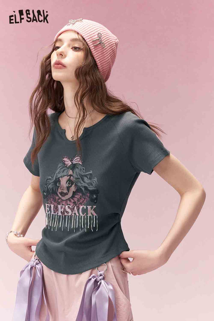 ELFSACK Trendy Clown Girl Print Shirred Fitted Short Sleeve Tshirt