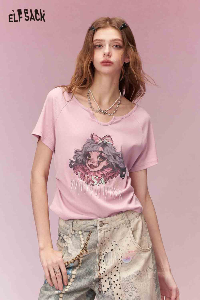 ELFSACK Trendy Clown Girl Print Shirred Fitted Short Sleeve Tshirt