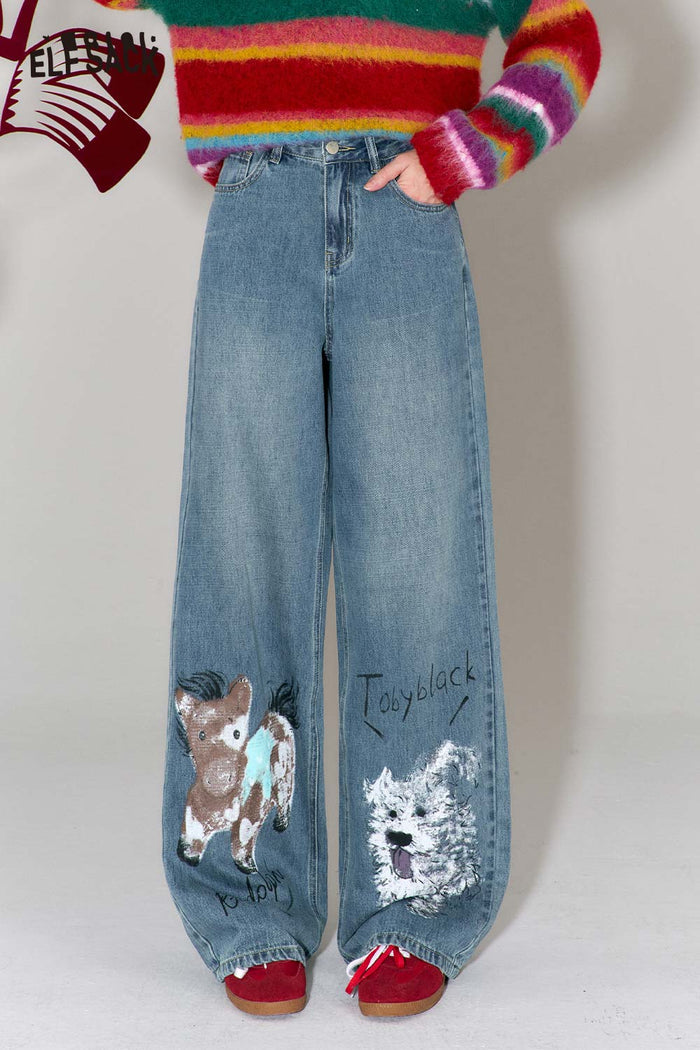 ELFSACK Trendy Graffiti Animal Print Wide Leg Jeans