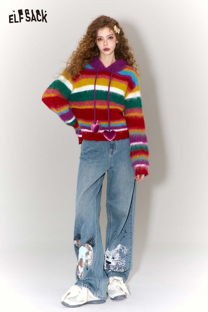 ELFSACK Trendy Graffiti Animal Print Wide Leg Jeans