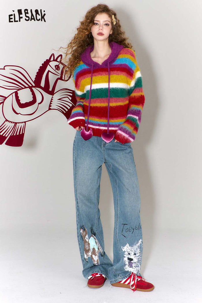 ELFSACK Trendy Graffiti Animal Print Wide Leg Jeans