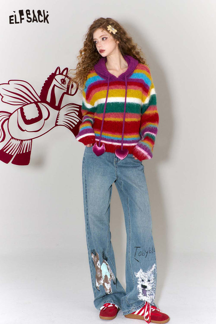 ELFSACK Trendy Graffiti Animal Print Wide Leg Jeans