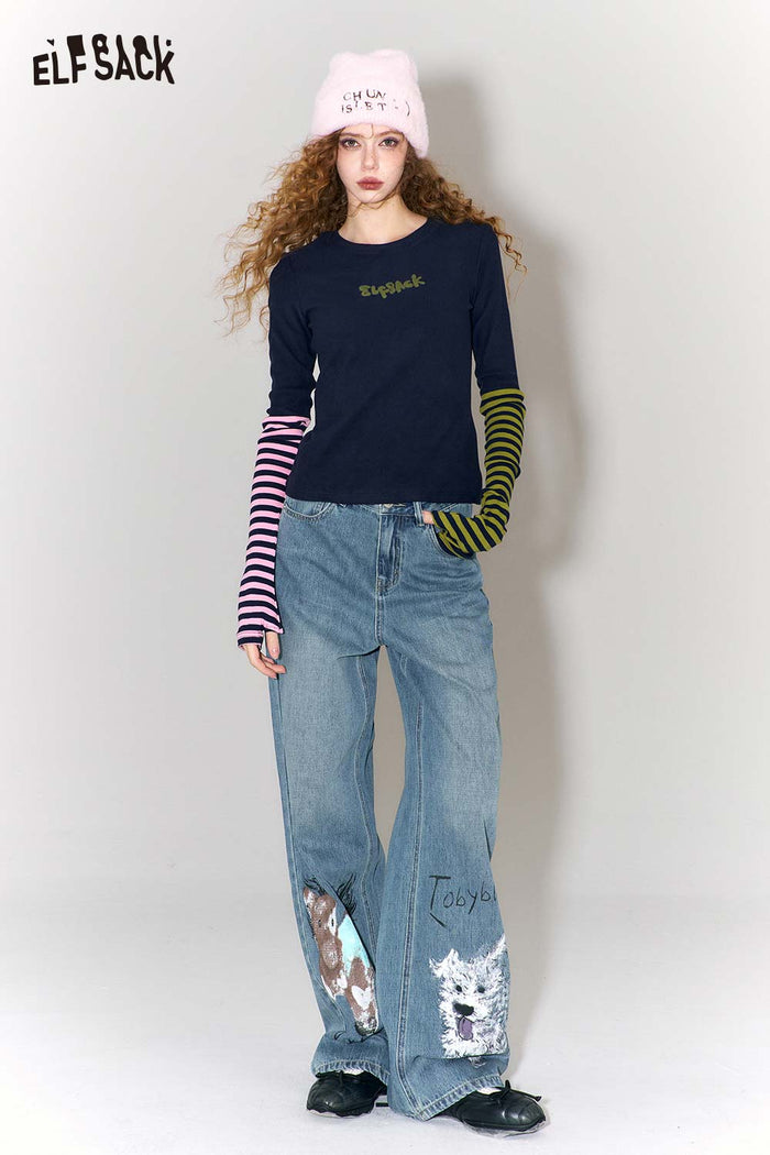 ELFSACK Trendy Graffiti Animal Print Wide Leg Jeans