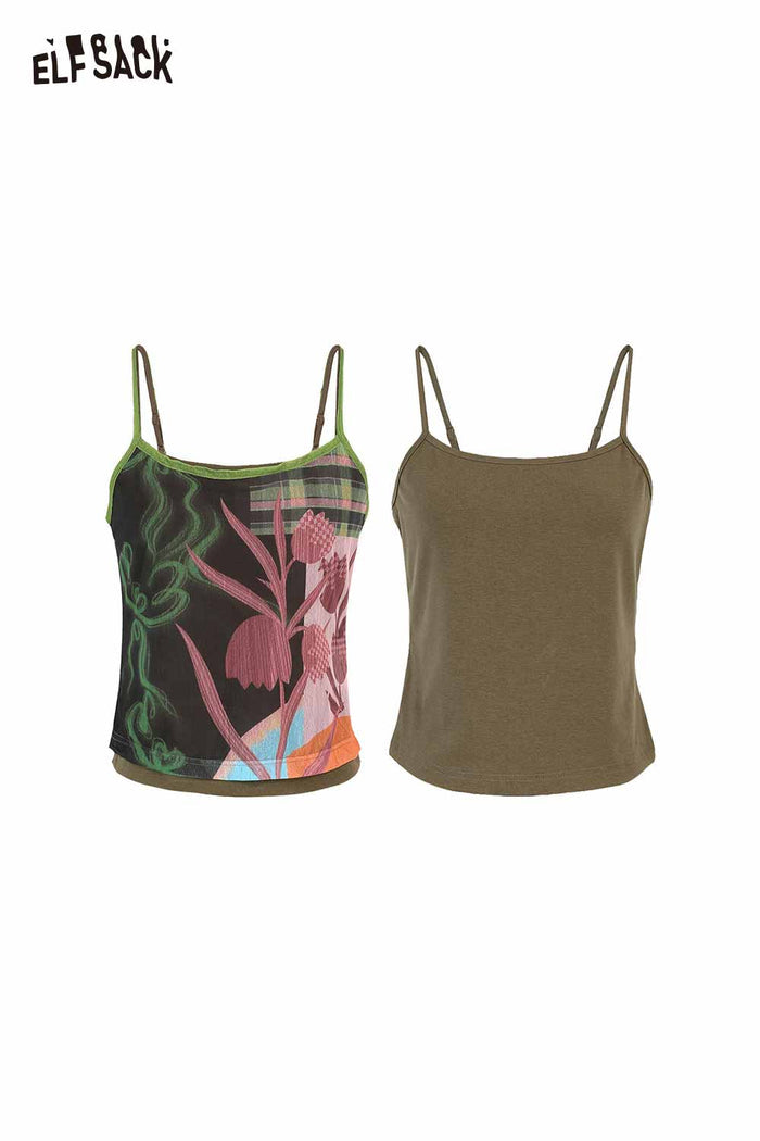 ELFSACK Tropical Print Contrast Trim Cami