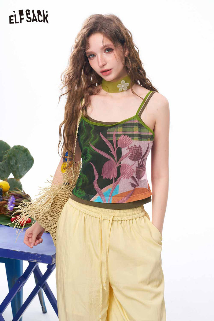 ELFSACK Tropical Print Contrast Trim Cami