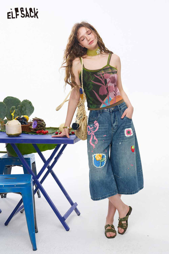 ELFSACK Tropical Print Contrast Trim Cami