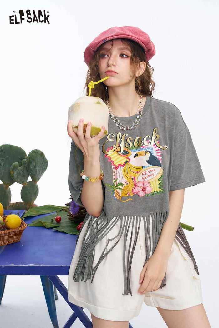 ELFSACK Tropical Print Fringe Hem Crop Tee