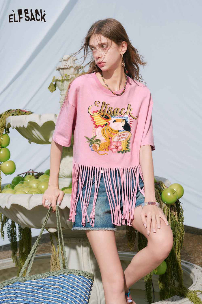 ELFSACK Tropical Print Fringe Hem Crop Tee