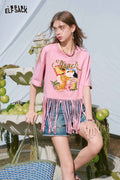 ELFSACK Tropical Print Fringe Hem Crop Tee