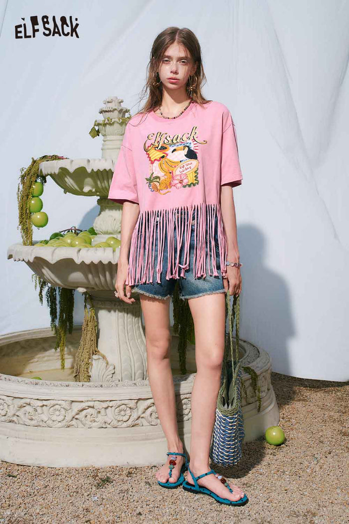 ELFSACK Tropical Print Fringe Hem Crop Tee