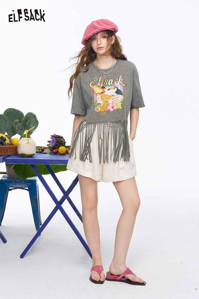 ELFSACK Tropical Print Fringe Hem Crop Tee