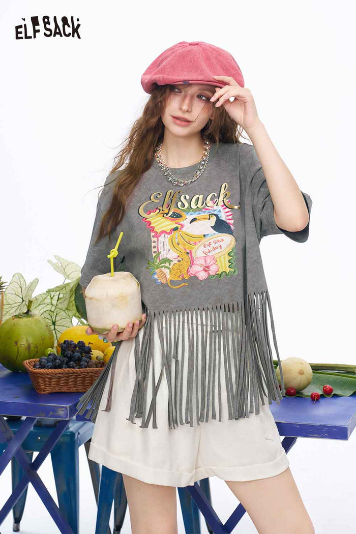 ELFSACK Tropical Print Fringe Hem Crop Tee