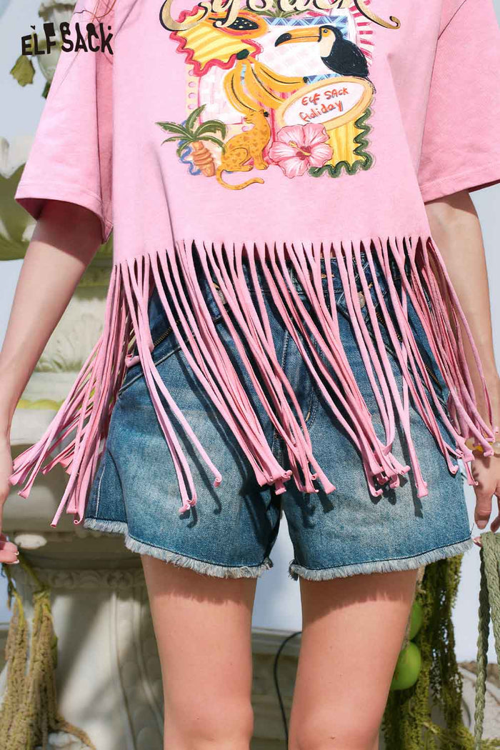 ELFSACK Tropical Print Fringe Hem Crop Tee