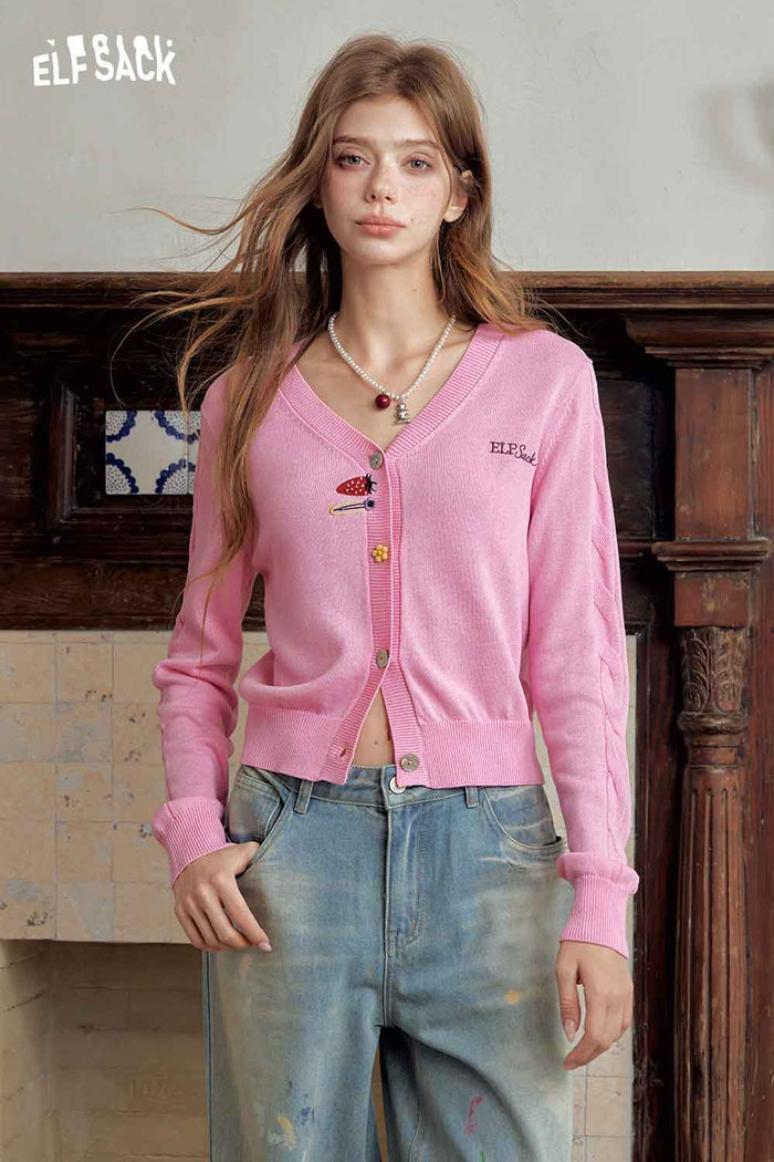V-Neck Crop Decorative Button Cardigan