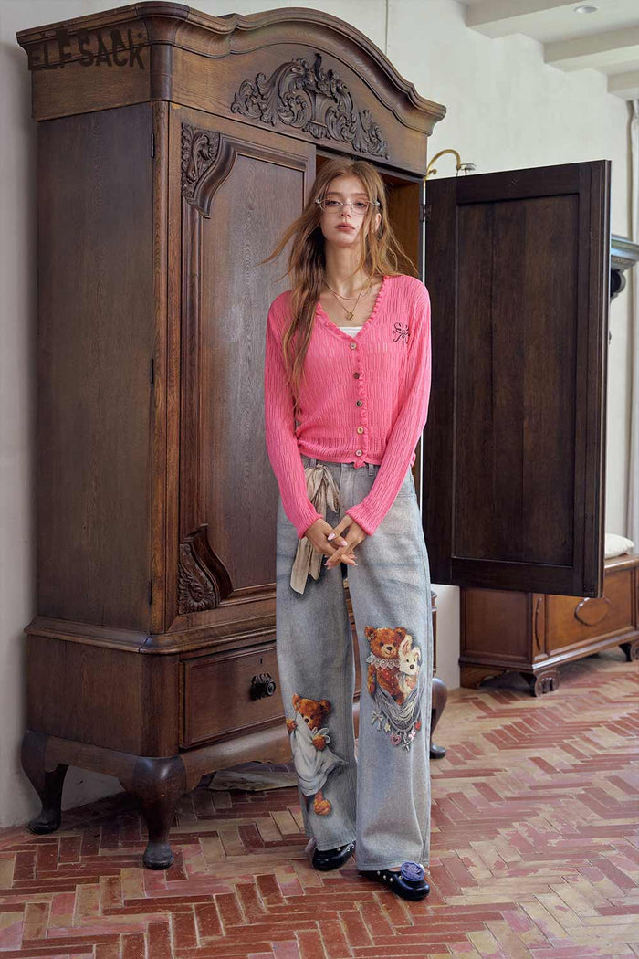 ELFSACK V Neck Embroidered Cropped Cardigan