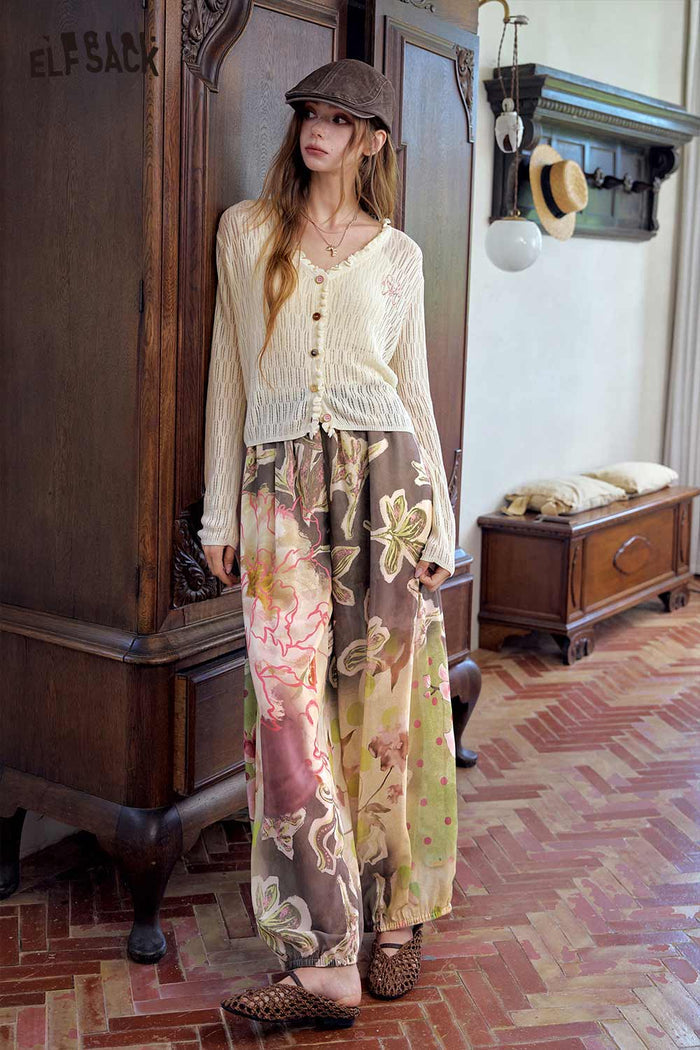 ELFSACK V Neck Embroidered Cropped Cardigan