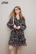 ELFSACK V Neck Floral Long Sleeve Waist Tie Holiday Dress