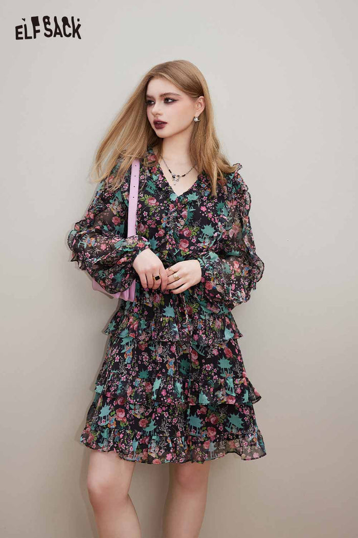 ELFSACK V Neck Floral Long Sleeve Waist Tie Holiday Dress