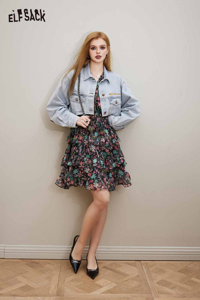 ELFSACK V Neck Floral Long Sleeve Waist Tie Holiday Dress