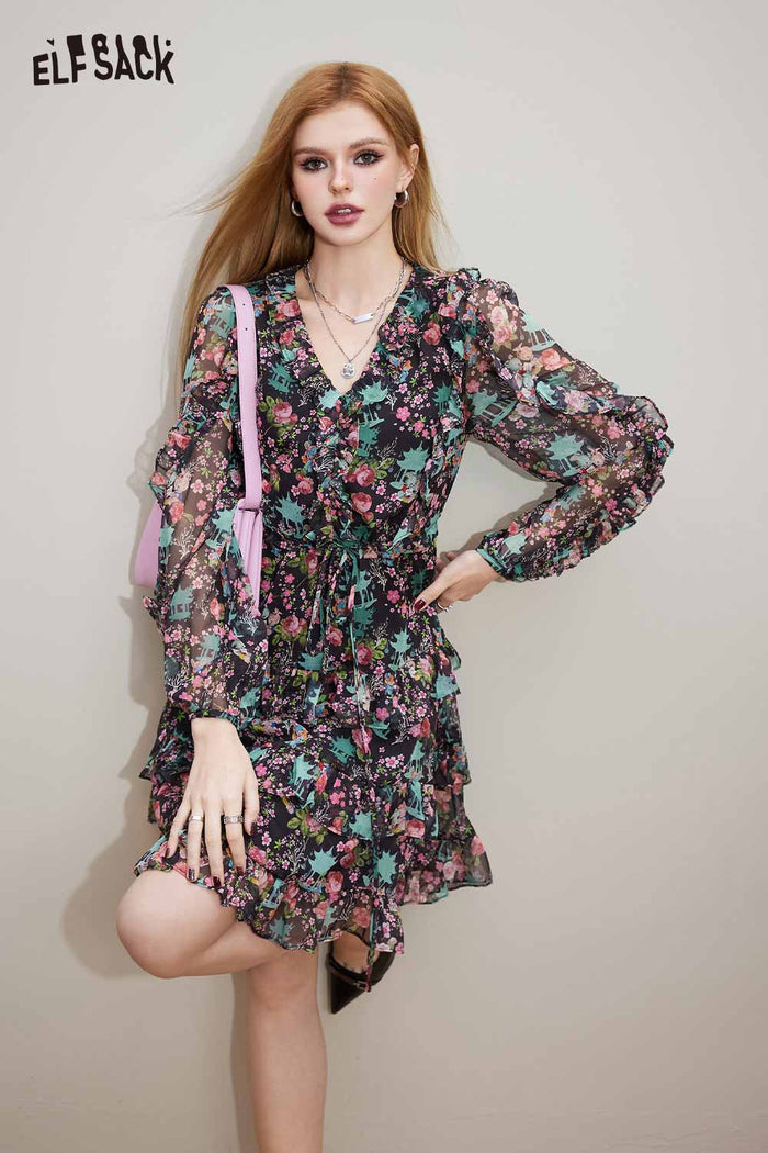 ELFSACK V Neck Floral Long Sleeve Waist Tie Holiday Dress
