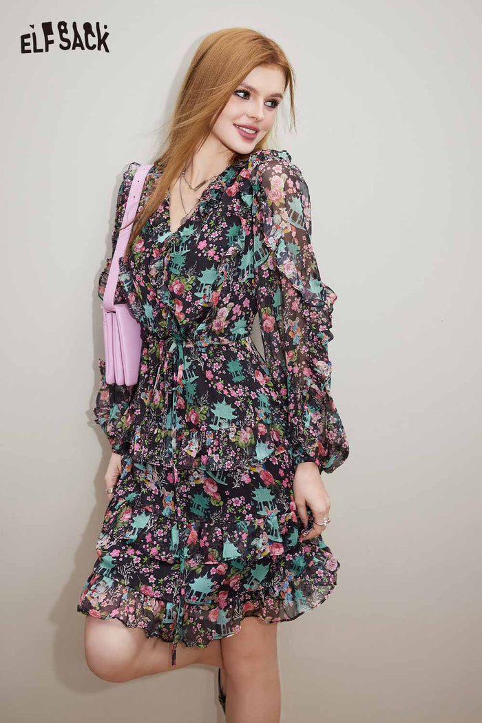 ELFSACK V Neck Floral Long Sleeve Waist Tie Holiday Dress