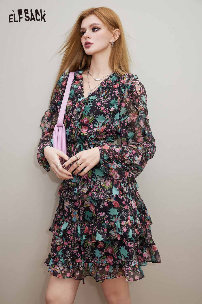 ELFSACK V Neck Floral Long Sleeve Waist Tie Holiday Dress