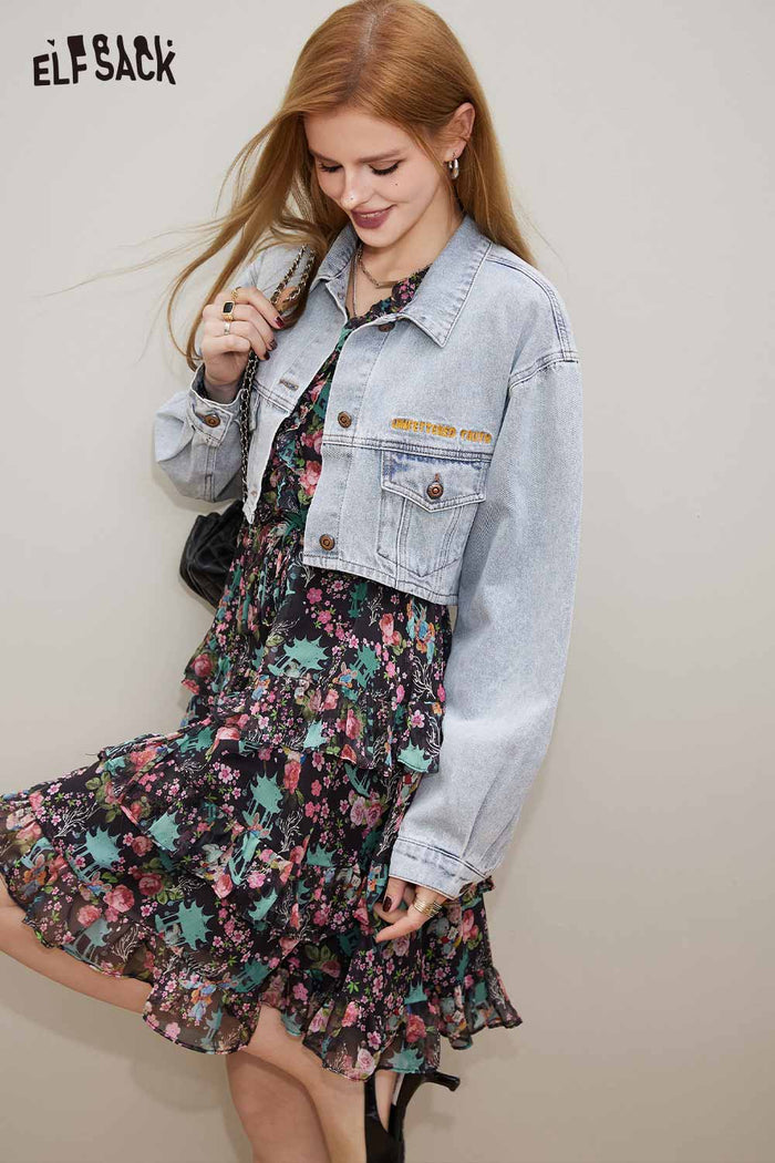 ELFSACK V Neck Floral Long Sleeve Waist Tie Holiday Dress