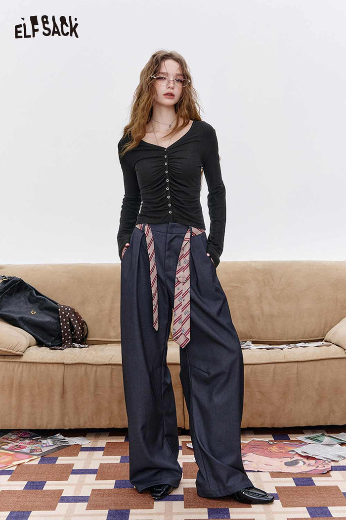 V Neck Ruched Button Crop Long Sleeve Tee