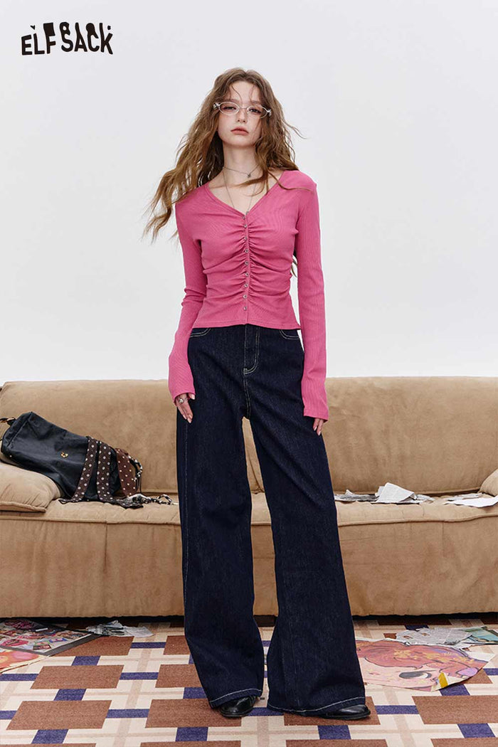 V Neck Ruched Button Crop Long Sleeve Tee