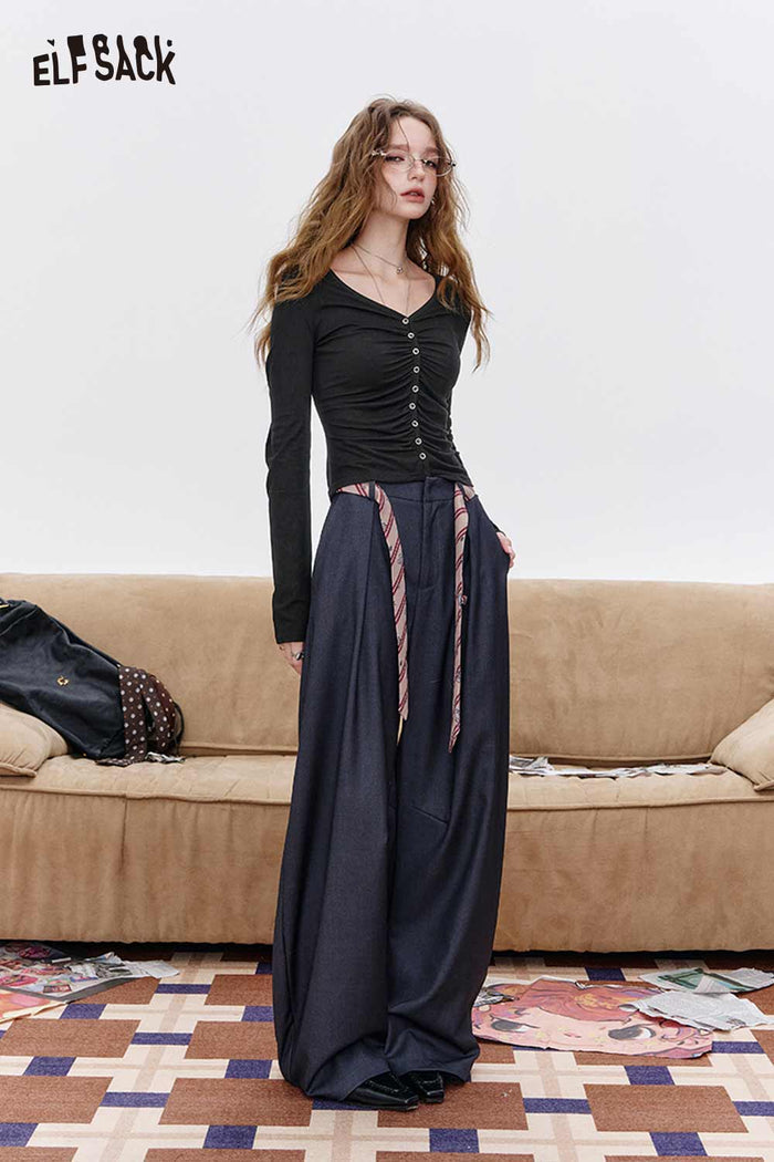V Neck Ruched Button Crop Long Sleeve Tee