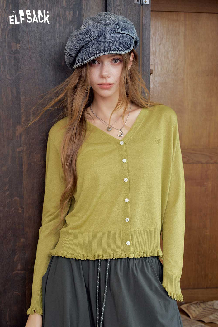 V-Neck Ruffle Trim Crop Cardigan