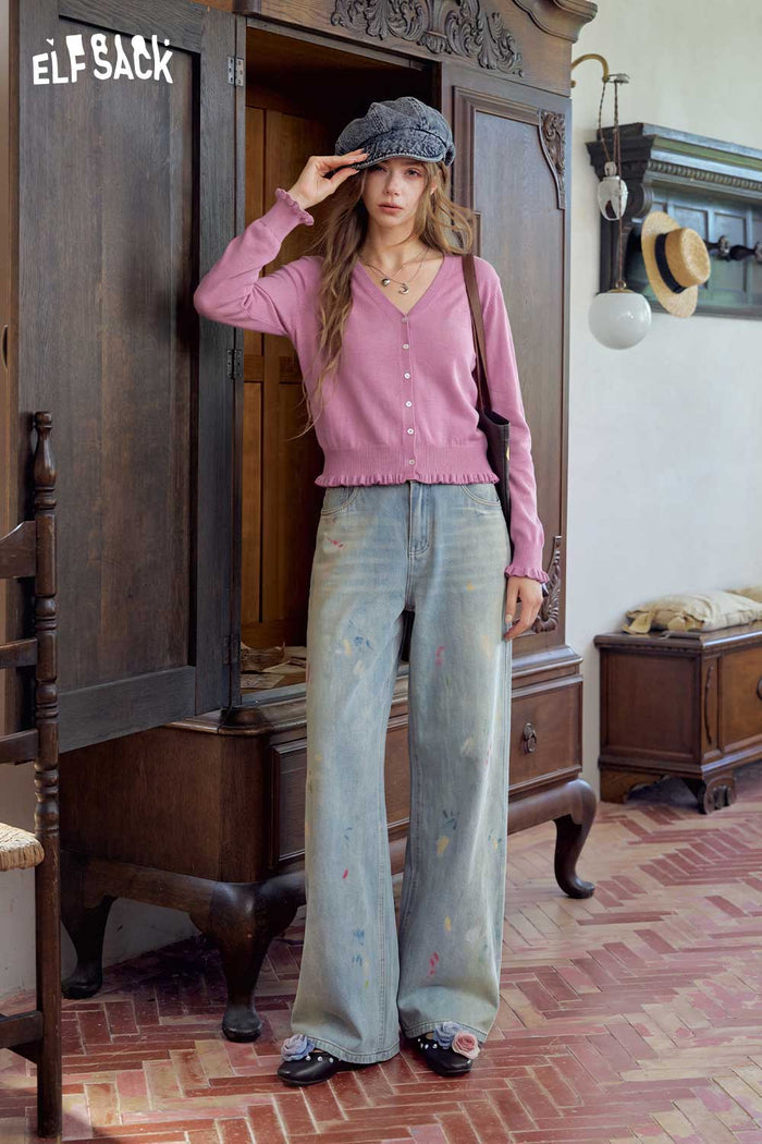 V-Neck Ruffle Trim Crop Cardigan