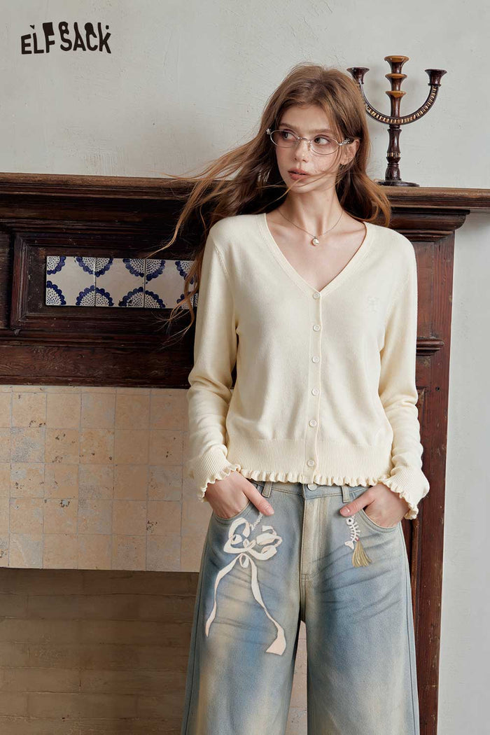 V-Neck Ruffle Trim Crop Cardigan