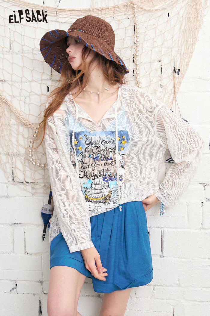 ELFSACK V-Neck Sheer Lace Knit Sailboat Print Top