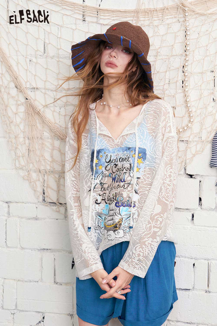 ELFSACK V-Neck Sheer Lace Knit Sailboat Print Top