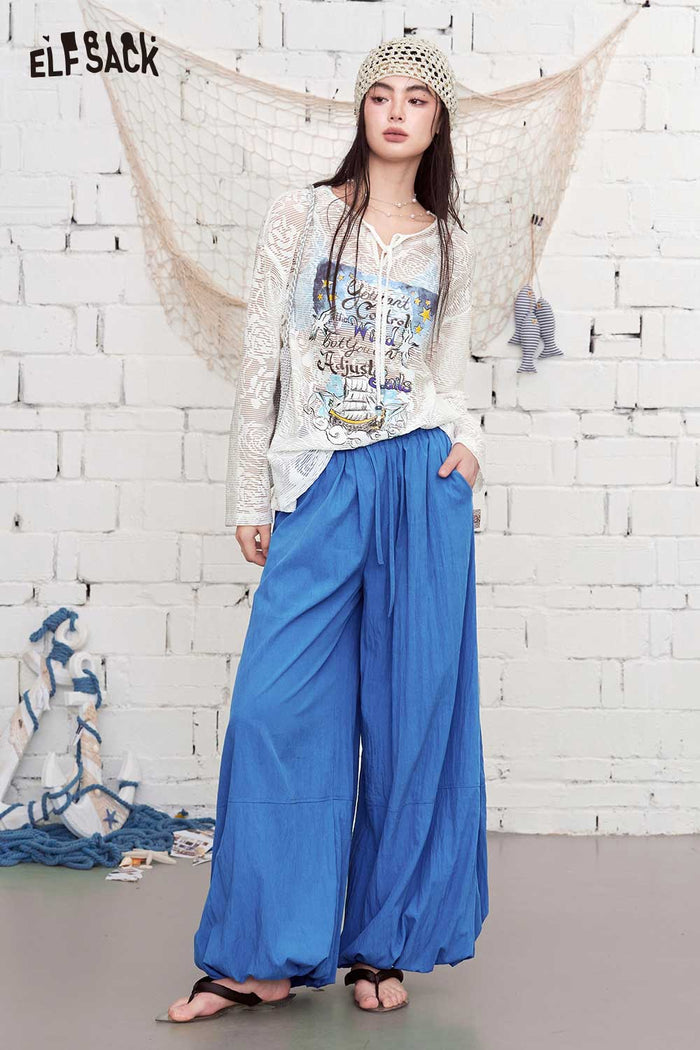 ELFSACK V-Neck Sheer Lace Knit Sailboat Print Top