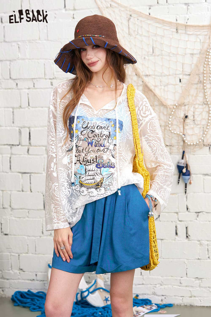 ELFSACK V-Neck Sheer Lace Knit Sailboat Print Top