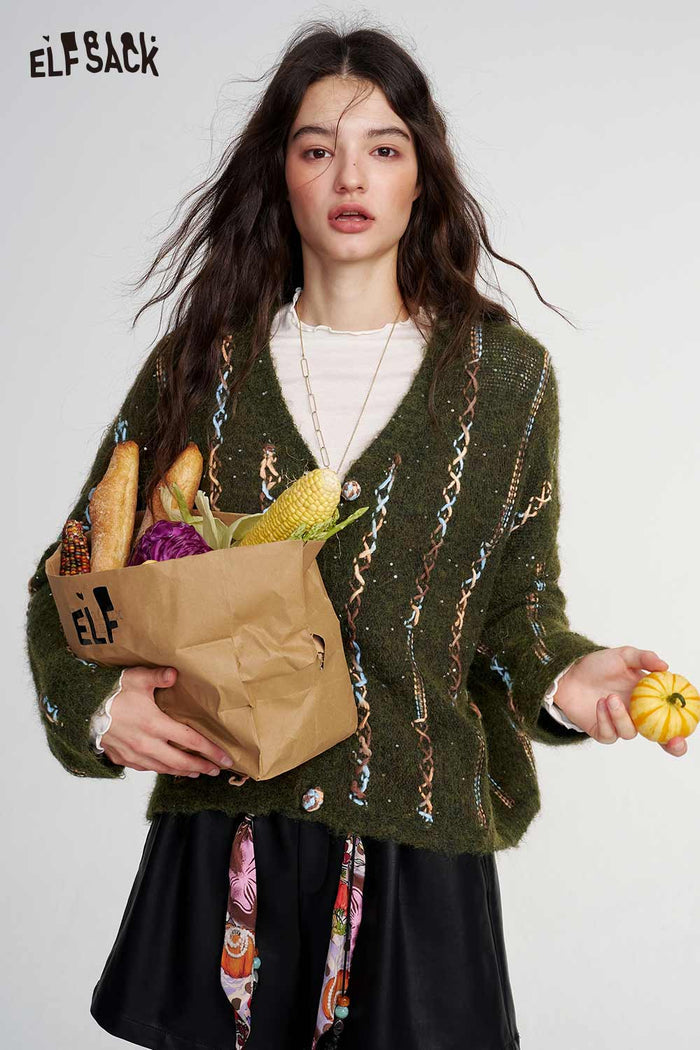 V Neck Tweed Chain Print Cardigan