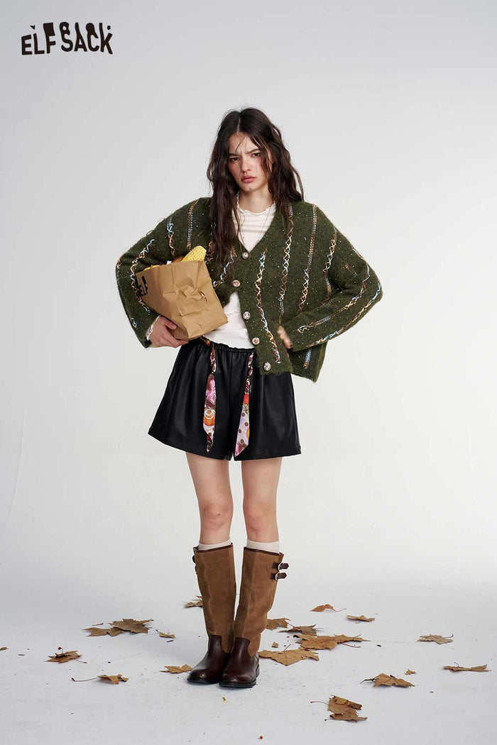 V Neck Tweed Chain Print Cardigan