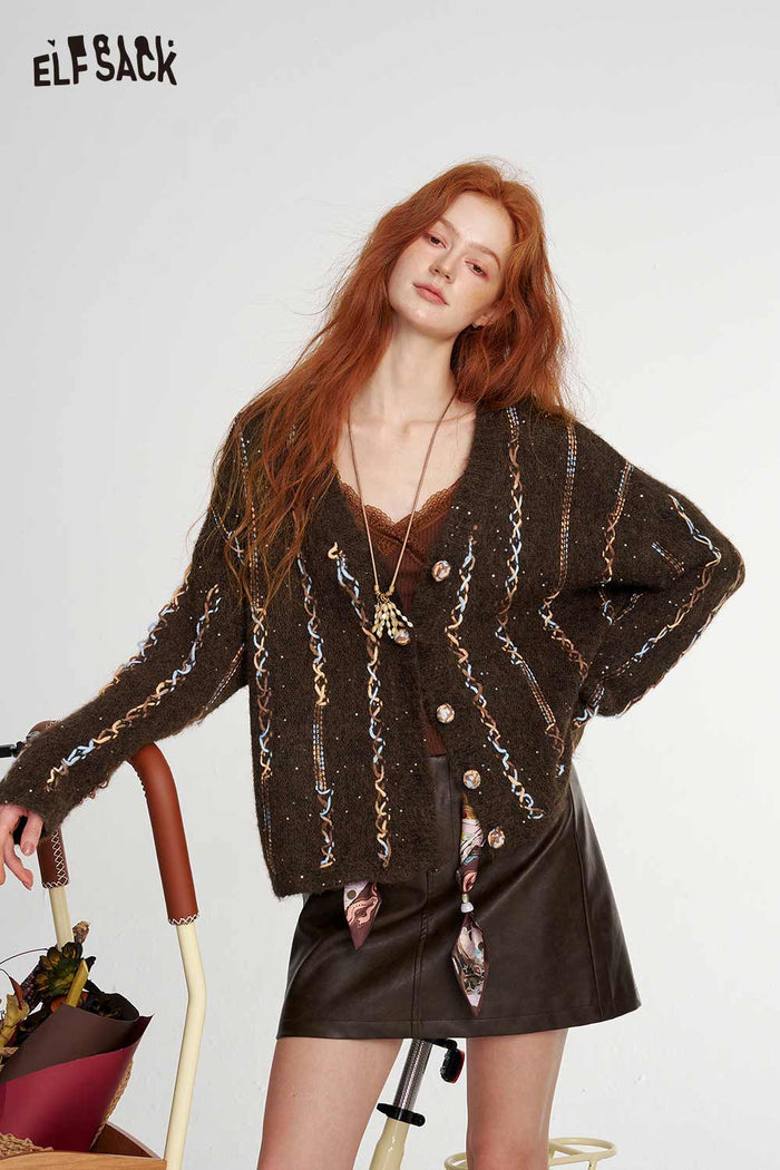 V Neck Tweed Chain Print Cardigan