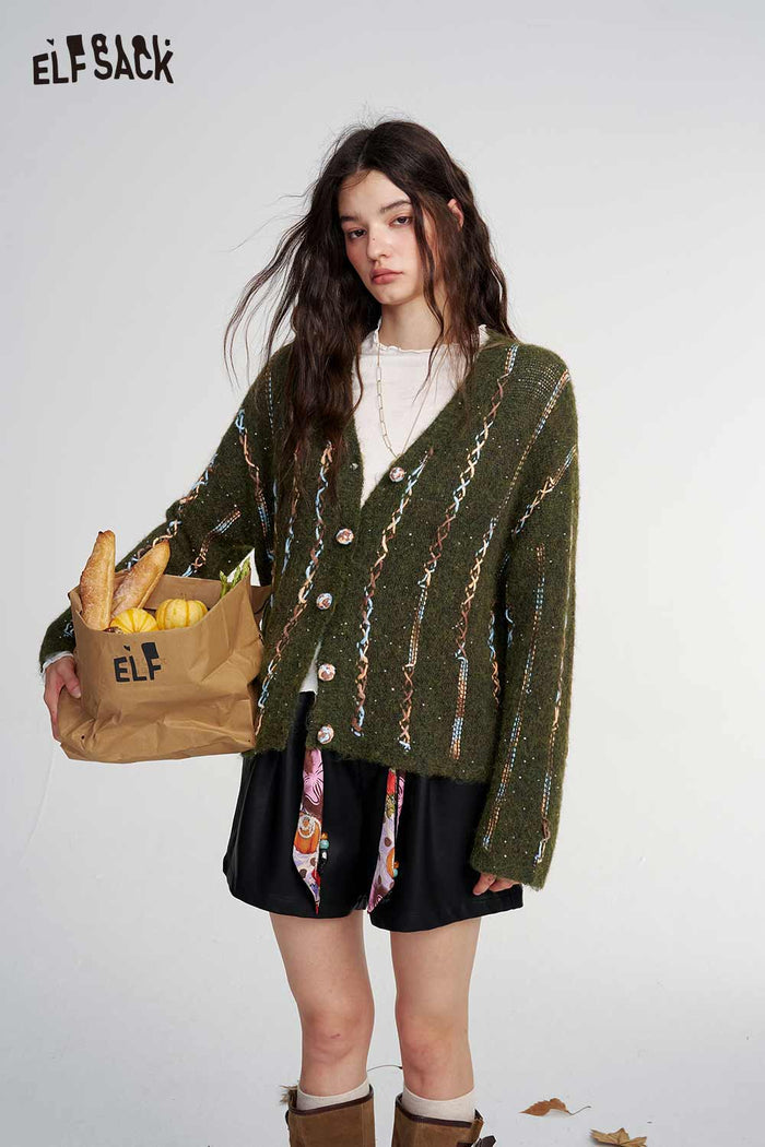 V Neck Tweed Chain Print Cardigan