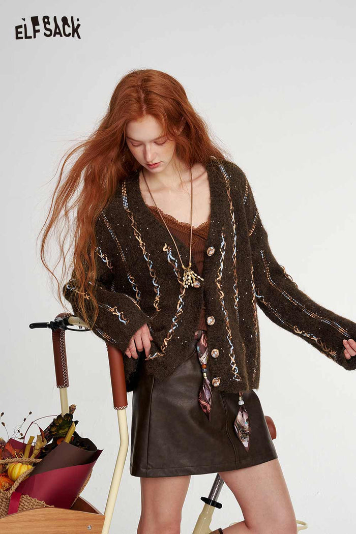 V Neck Tweed Chain Print Cardigan