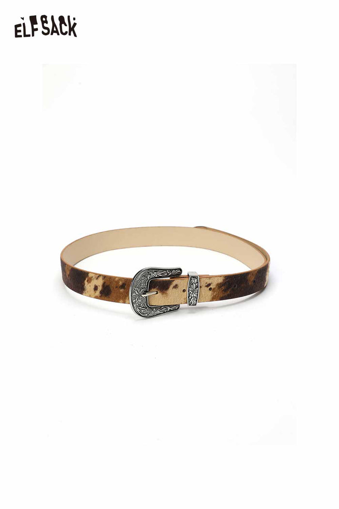ELFSACK Vegan Leather Cowhide Pattern Embossed Silver Tone Hardware Belt