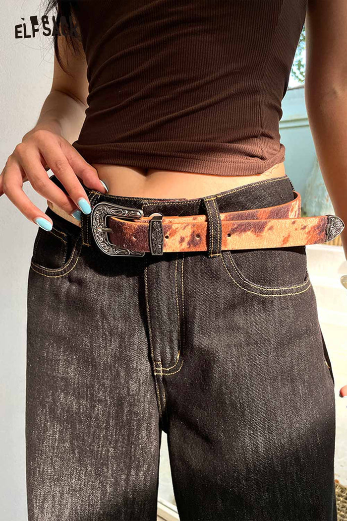 ELFSACK Vegan Leather Cowhide Pattern Embossed Silver Tone Hardware Belt