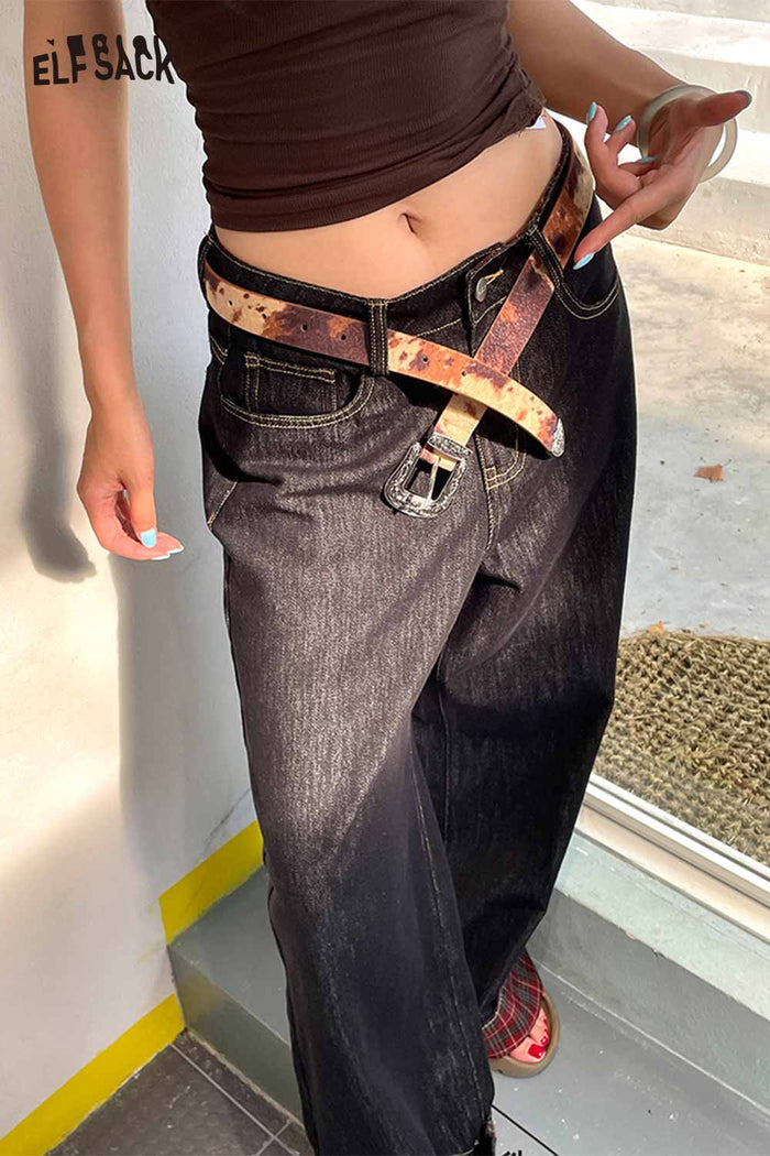 ELFSACK Vegan Leather Cowhide Pattern Embossed Silver Tone Hardware Belt