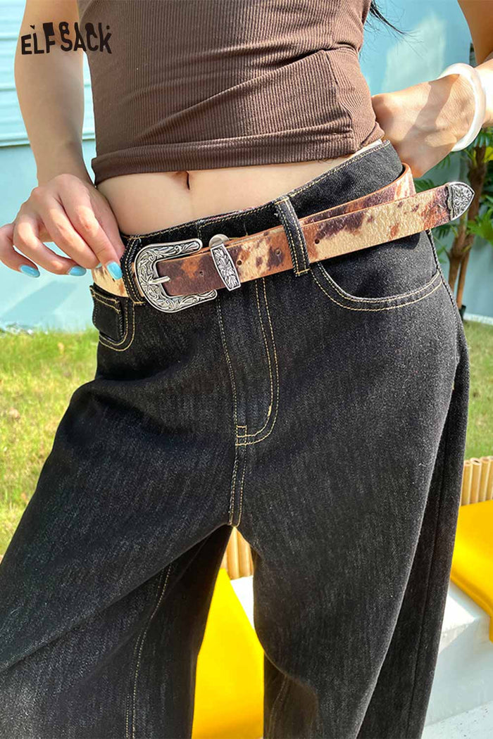 ELFSACK Vegan Leather Cowhide Pattern Embossed Silver Tone Hardware Belt